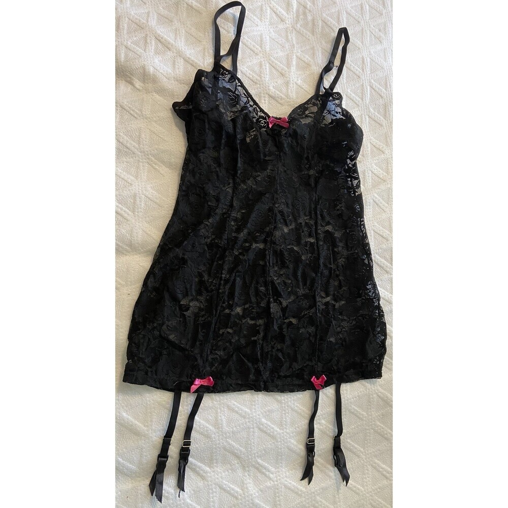 Rene Rofe Lace Garter Chemise Black Sexy Lingerie Size M/L